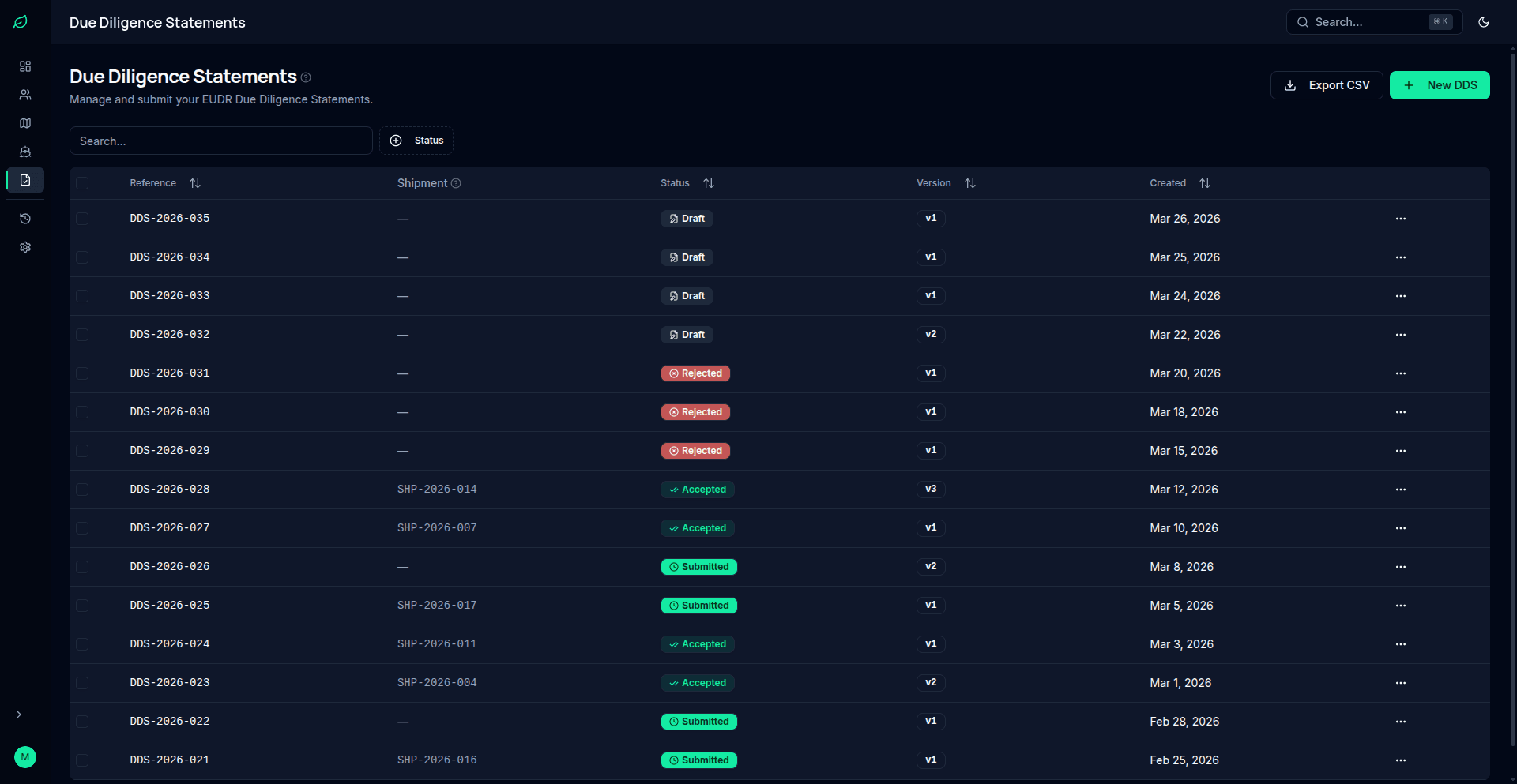 DDS list showing submitted and accepted due diligence statements